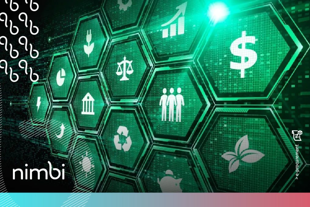 Na imagem, vemos símbolos e cores que representam tecnologia associados aos princípios do ESG em compras, desenvolvimento sustentável, social e governança.