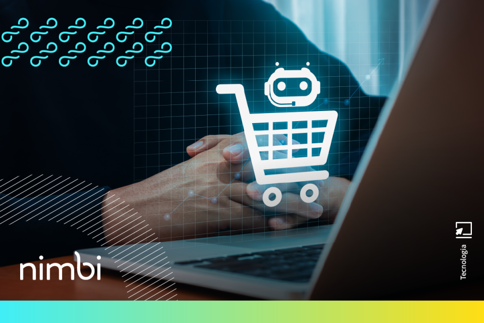 Imagem conceitual da Nimbi ilustrando os benefícios da IA em compras. A cena mostra uma pessoa em frente a um laptop, com um ícone holográfico de um carrinho de compras contendo um robô de inteligência artificial. A imagem simboliza a automação e a otimização de processos de aquisição por meio da tecnologia.