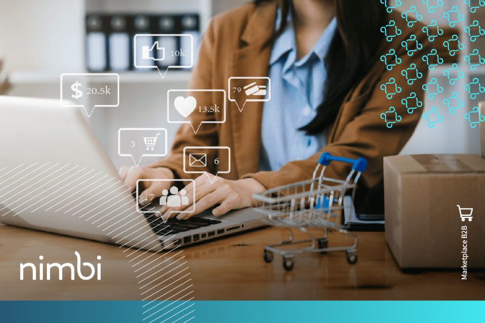 Profissional de compras utiliza um laptop para acessar um catálogo de compras B2B na plataforma Nimbi, com ícones de transações e interações digitais sobrepostos à imagem.